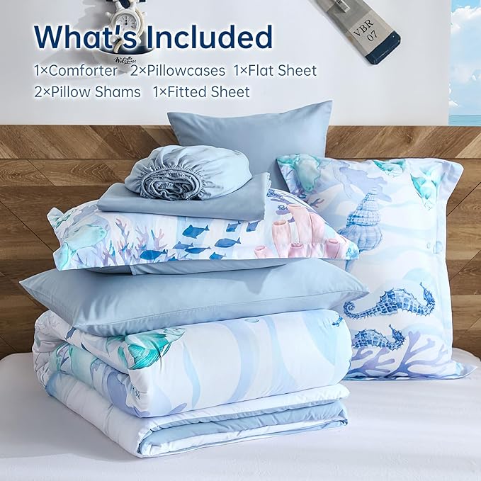 Comforter Set King Size Coastal, Coral Beach Themed Comforters Diving Deep Ocean Bedding with Sheets 7 Pieces Bed in a Bag for Spring Summer House Conch Decor