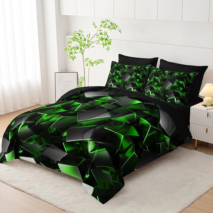 Black and Green Geometric Comforter Set Twin Size 7PCS,Abstract Triangular Printed Bedding Set for Adults,Geometric Mordern Art Decor All Seasons with Pillowcases,Flat, Fitted Sheet