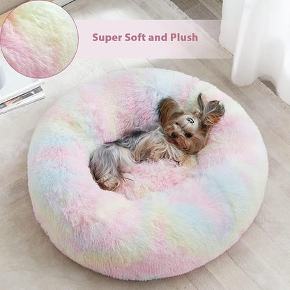 WNPETHOME Donut Dog Beds Large Sized Dog,Anti-Anxiety Caming Large Pet Bed,Fluffy Faux Fur Plush Puppy Bed，Warming Cozy Soft Round Bed for Pet, Cat Cuddler Cushion