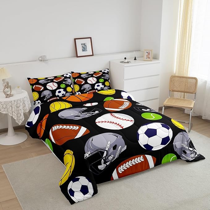 Feelyou Basketball Comforter Set Queen Size Sports Game Comforter for Boys Girls Teens Baseball Bedding Set Football Duvet Set Room Decor Carbon Black Mixed Ball Quilt Set