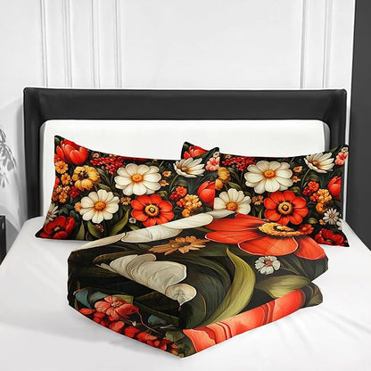 Cute Flower 3 Piece Bedding Set Full Size，Colorful Floral Ultra Soft Microfiber Comforter Bed Set with 3-Pieces,Cute Colorful Botanical Flowers Patterned Bedroom Decor Comforter and 2 Pillow Shams