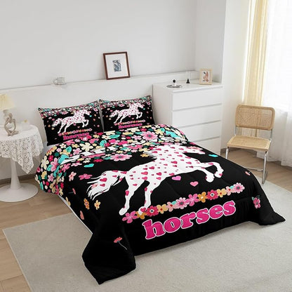 Feelyou Horse Comforter Set Toddler Size Kids Galloping Horse Comforter for Boys Teens Floral Flower Bedding Set Heat Love Pattern Pink and Black Duvet Set Room Decor Quilt Set