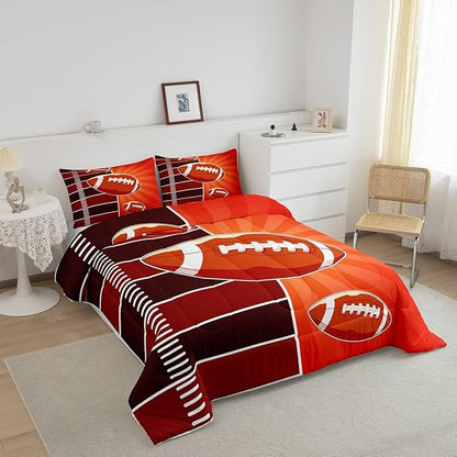 Feelyou Rugby Comforter Set Toddler Size Sports Themed Comforter for Boys Girls Teens Football Bedding Set Gift for Football Lover Duvet Set Orange and Brown Quilt Set