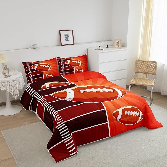 Feelyou Rugby Comforter Set Twin Size Sports Themed Comforter for Boys Girls Teens Football Bedding Set Gift for Football Lover Duvet Set Orange and Brown Quilt Set