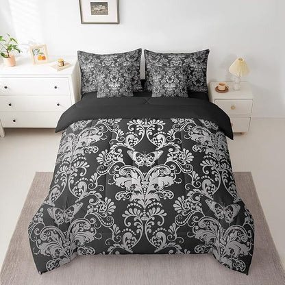 Erosebridal Gothic Damask Bed in a Bag King Size Comforter Set 7 Pieces,Butterfly Skull Bedding Sets Black White Victorian Floral Goth Sheet Set with Comforter