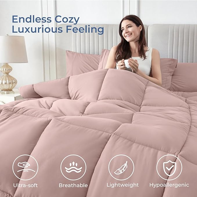 Sasttie California King Comforter Set, 7 Pieces Cal King Bed in a Bag, Complete Bedding Set Includes Comforter, Flat Sheet, Fitted Sheet, Pillowcases and Pillow Shams, Rose Gold