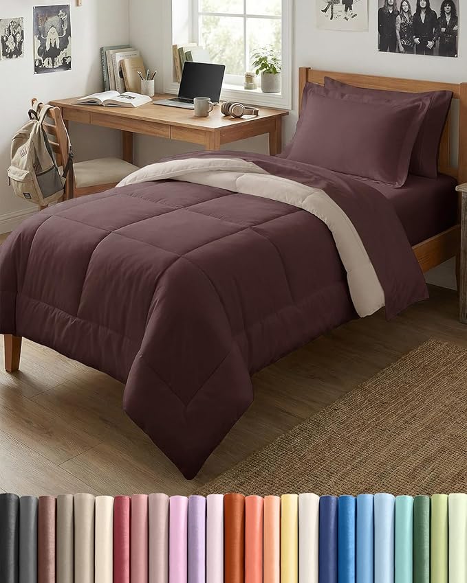 Twin XL Comforter Set - 5 Piece Bed in a Bag Twin XL Size Bed Set - Down Alternative Comforter, Flat Sheet, Fitted Sheet, Pillowcase & Sham for All Seasons - Soft, Comfy and Breathable - Brown/Beige