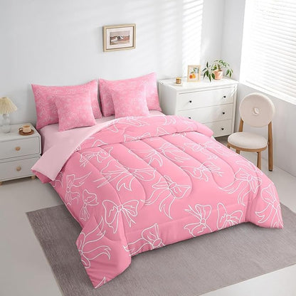 Feelyou Cute Bowknot 7 Pieces Comforter Sets Boys Girls Full Size Pink Girls Bow Bedding Set for All Season for Kids Women Men Bow Bed in a Bag with Comforter, Sheets, Pillowcases & Cushion Cover
