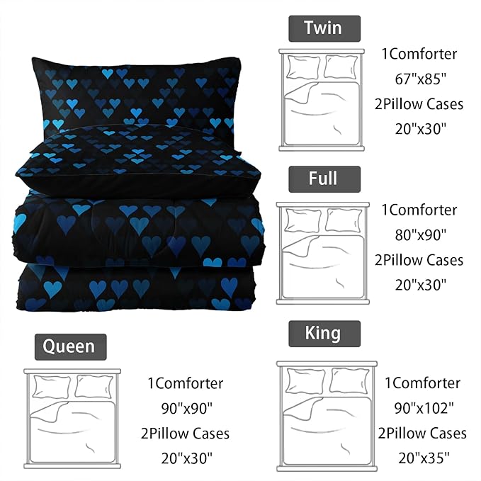 Geometric Blue Love Black Comforter Set,Blue Heart Honeycomb 3 PCS Bedding Set Twin Size for Teen Adult,Modern Quilt Set Geometry Decor,Microfiber Lightweight 1 Comforter 2 Pillowcases