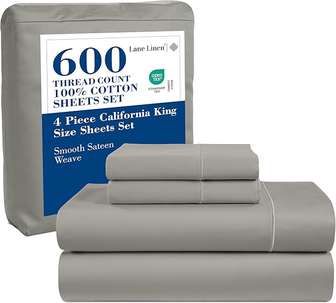 LANE LINEN 100% Mercerized Cotton 600 Thread Count Cal King Sheet Sets, Ultra Soft & Comfy Sateen Weave for Silky Touch Finish, Hotel Like Thick Bedding Sheets & Pillowcase Set, Machine Wash -Silver