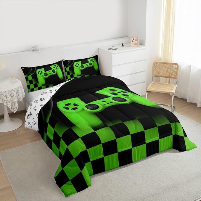 Gaming Comforter for Teen Boys Game Room Decor Bedding Set Kid Girls Gamepad Duvet Insert for All Season Gamer Home Decor Down Comforter Set with Black Green Buffalo Check Plaid Twin Size,1 Pillowcase