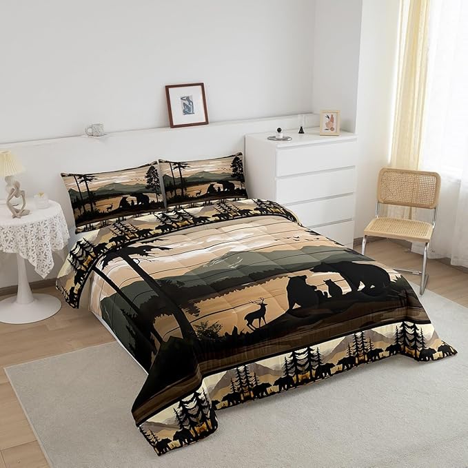 Feelyou Retro Bear Family Bedding Set Wild Animal Hunt Comforter Set for Kids Boys Girls Rustic Farmhouse Comforter Retro Cabin Quilt Set Bedroom Collection 2Pcs Toddler Size