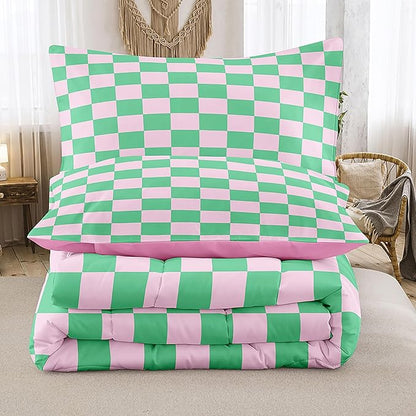 Tailor Shop Green Pink Plaid Comforter Sets Twin Women Men Green Checkerboard Grid Bedding Boys Girls Modern Grass Checkered Geometric Quilts Aesthetic Room Decor with 1 Pillowcases……