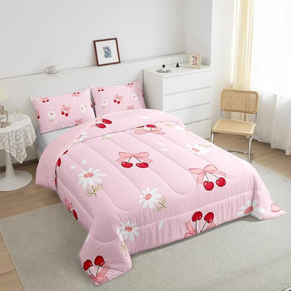 Pink Bowknot Girly Comforter Set Queen Size,Bow Daisy Flowers Plant Cute Bedding Set,Girls Women Room Decor,Cherry Bow Tie Princess Castle Down Comforter,Pink Romantic Duvet Insert,2 Pillowcases