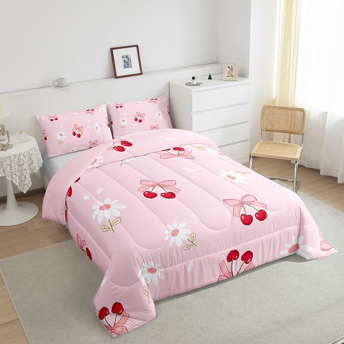 Pink Bowknot Girly Comforter Set King Size,Bow Daisy Flowers Plant Cute Bedding Set,Girls Women Room Decor,Cherry Bow Tie Princess Castle Down Comforter,Pink Romantic Duvet Insert,2 Pillowcases