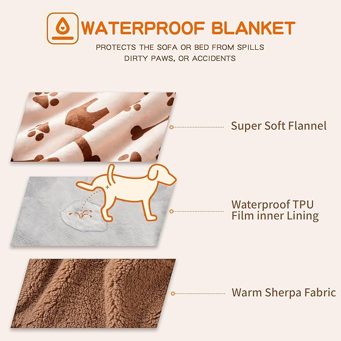 Waterproof Dog Blankets Pet Blanket 60"x80", Soft Fluffy Sofa Car Bed Protector, Reversible Sherpa Fleece Dog Blanket for Large Dogs (Beige-House)