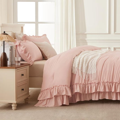 Andency Twin XL Ruffle Comforter Set, 2 Pieces Shabby Chic Farmhouse Bedding Set, Lightweight Soft Comforter Set 68×92In for Girls Women (1 Comforter 1 Pillowcase), Blush