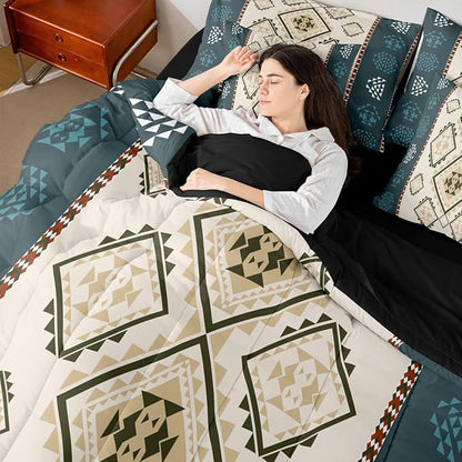 Erosebridal Rustic Southwestern 7 Piece Bedding Set Twin Western Aztec Comforter Set Exotic Tribal Geometric Aesthetic Bed in A Bag Bohemian Ethnic Native Quilt with Flat Fitted Sheet Cabin Decor