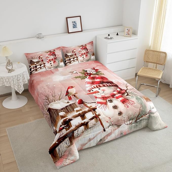 Pink Snowman Comforter Set Queen Size,Cute Bird and Snowflake Cabin Bedding Set 3Pcs for Kids Girls Boys Teens Room Decor,Merry Christmas Quilt Set Romantic Winter Duvet Insert,2 Pillowcases