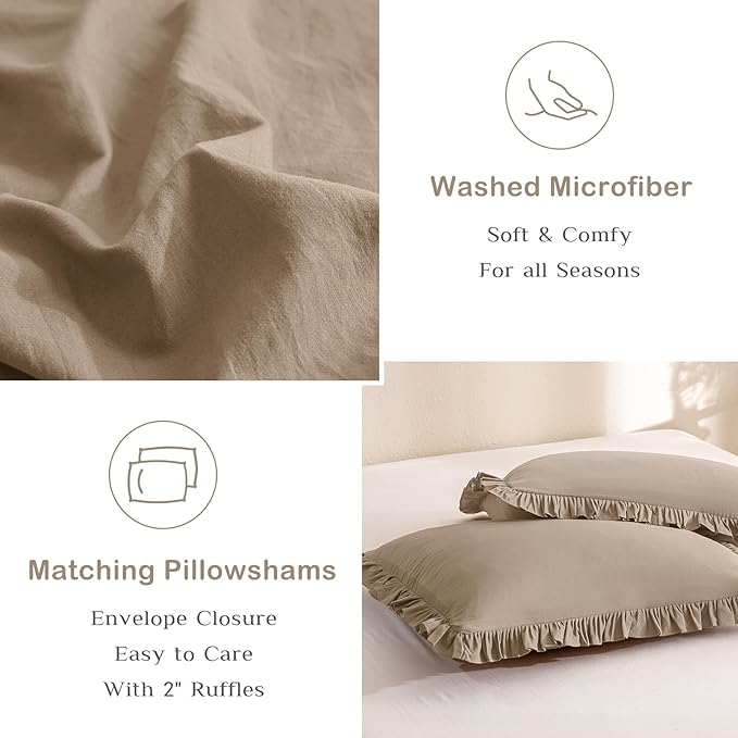 Masaca Ruffled King Comforter Set,Farmhouse Shabby Boho Bedding Comforter with Ruffles Lightweight Ultra Soft Vintage Rustic French Country Light Taupe Bedding 3 Pieces