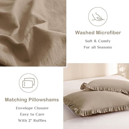 Masaca Ruffled King Comforter Set,Farmhouse Shabby Boho Bedding Comforter with Ruffles Lightweight Ultra Soft Vintage Rustic French Country Light Taupe Bedding 3 Pieces