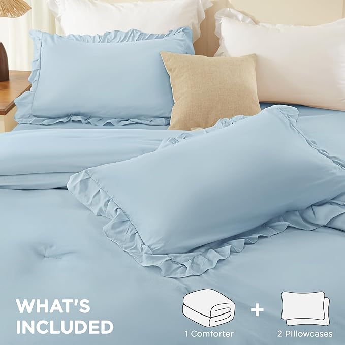 Andency Light Blue Twin Size Comforter Set, 2 Pieces Lightweight Fluffy Ruffle Bedding Set for Dorm, All Season Soft Farmhouse Shabby Chic Bed Set for Kids, College Dorm (66x90In Comforter)