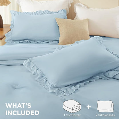 Andency Light Blue Twin Size Comforter Set, 2 Pieces Lightweight Fluffy Ruffle Bedding Set for Dorm, All Season Soft Farmhouse Shabby Chic Bed Set for Kids, College Dorm (66x90In Comforter)