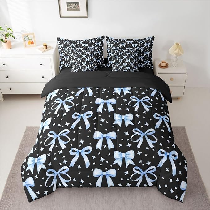 Erosebridal Kids Girls Bowknot Bow Black Blue Y2K 7 Piece Bedding Set Twin | Kawaii Cute Comforter Set with Sheets Starry Dreamy Bed in A Bag Princess Bed Sets