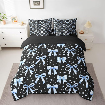 Erosebridal Kids Girls Bowknot Bow Black Blue Y2K 7 Piece Bedding Set Twin | Kawaii Cute Comforter Set with Sheets Starry Dreamy Bed in A Bag Princess Bed Sets
