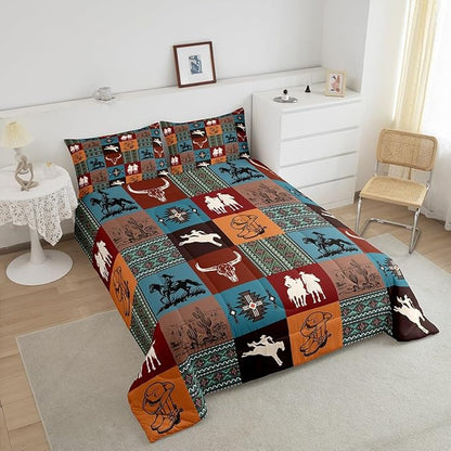 Southwestern Cowboy Bedding Sets Twin Size,Boho Aztec Tribal Cactus Print Comforter Set for Kids Girls Boys Adult Room Decor,Vintage Colorful Geometric Check Print Quilt Set,1 Pillowcase
