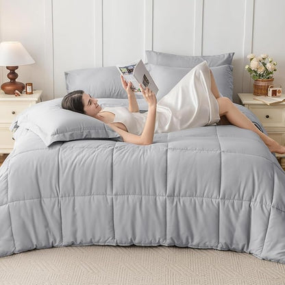 JOLLYVOGUE Twin Comforter Set, Ultra-Soft Bed in a Bag Twin Size 5 Pieces, Oeko-TEX Certified Bedding Set with Down Alternative Comforter, Sheets, Pillowcases & Shams, Light Grey