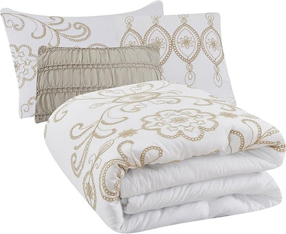 Modern Threads Sabrina Embroidered Comforter Set – 5 Piece White Bed Set with Gold Detailing, Decorative Pillows & Shams, Luxuriously Soft Jacquard Bedding, King