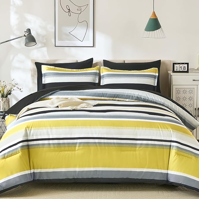 WONGS BEDDING Yellow Comforter King Size Set, 7 Pieces Bed in a Bag Yellow and Black Comforter Set, Soft Boho Striped Bedding Sets with Sheets, Pillowcases & Shams
