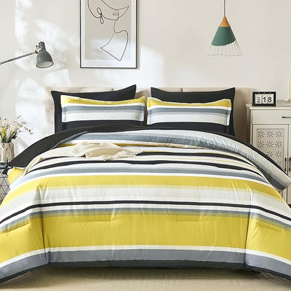 WONGS BEDDING Yellow Comforter King Size Set, 7 Pieces Bed in a Bag Yellow and Black Comforter Set, Soft Boho Striped Bedding Sets with Sheets, Pillowcases & Shams