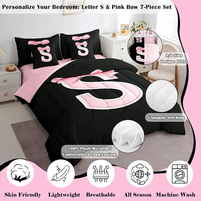 jejeloiu Kawaii Pink Bow King Comforter Set with Sheets,Gifts for Women Teen Girl,Monogrammed 7 Piece Bedding Set,Soft Personalized Initial Letter S Bed in a Bag with Comforter,Sheets,Pillowcases