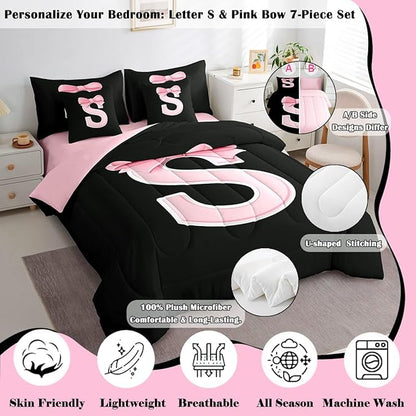 jejeloiu Kawaii Pink Bow Full Comforter Set with Sheets,Gifts for Women Teen Girl,Monogrammed 7 Piece Bedding Set,Soft Personalized Initial Letter S Bed in a Bag with Comforter,Sheets,Pillowcases