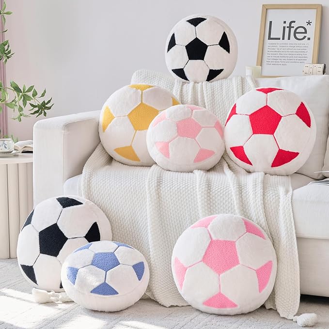 Soccer Pillow,12" Soccer Shaped Pillow Floor Cushion Seating Cushion with Faux Rabbit Fur,Round Soccer Throw Pillow Room Décor for Sofa Couch Living Room (Dusty Blue)