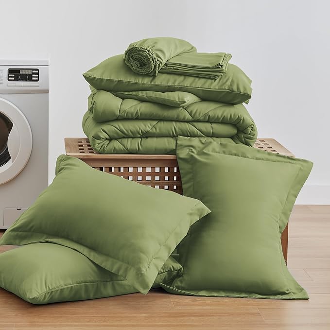 Love's cabin California King Comforter Set Olive Green, 7 Pieces California King Bed in a Bag, All Season Bedding Sets with 1 Comforter, 1 Flat Sheet, 1 Fitted Sheet, 2 Pillowcase and 2 Pillow Sham