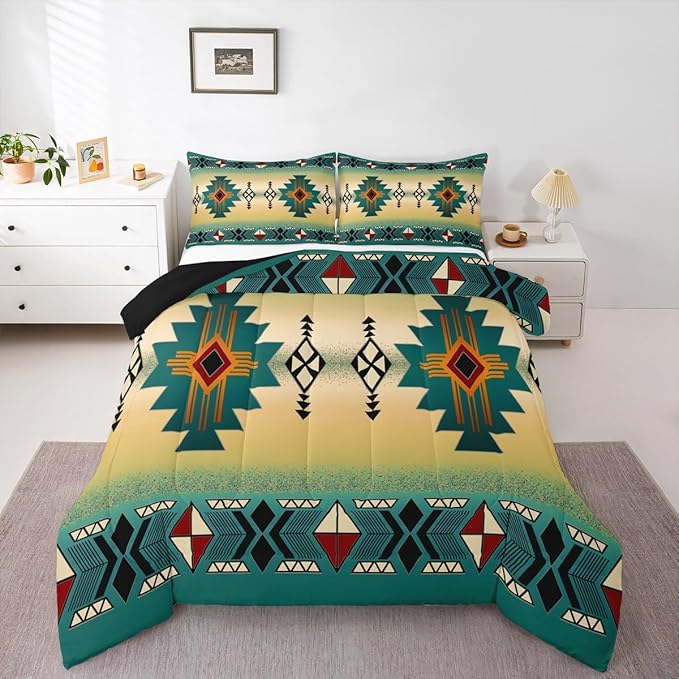 Erosebridal Boys Western Aztec Bedding Set Toddler Size, Native Tribal Ethnic Comforter Set Farmhouse Boho Geometric Duvet Insert Southwestern Ethnic American Native Quilt for Adult Men,Green Yellow