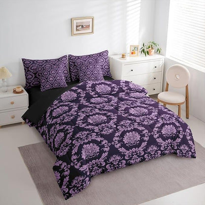 Erosebridal Black and Purple Damask Full Size Bed Sheets and Comforter Set | Antique Decor Gothic Vintage Floral 7 Piece Bedding Set Goth Victorian Bed in a Bag, Luxury Bohemian Room Decor