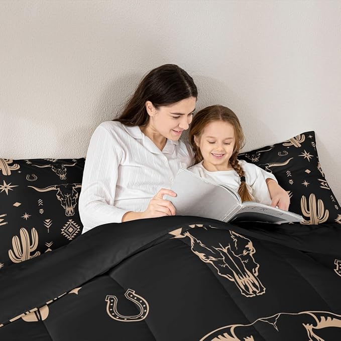 Erosebridal Boys Bull Skull Comforter Set King Size, Western Cowboy Bedding Set Vintage Southwestern Duvet Insert Bohemian Geometric Cactus Quilt Tribal Exotic Ethnic Bedroom Decor, Black Brown