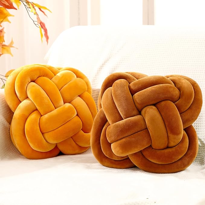 2 Pcs Knot Pillow Balls Set, 12 Inch Soft Decorative Throw Knot Pillow Ball, Large Square Knotted Floor Cushion for Living Room Bedroom Sofa Couch Bed Home Decoration (Caramel Brown, Turmeric)