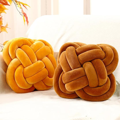 2 Pcs Knot Pillow Balls Set, 12 Inch Soft Decorative Throw Knot Pillow Ball, Large Square Knotted Floor Cushion for Living Room Bedroom Sofa Couch Bed Home Decoration (Caramel Brown, Turmeric)