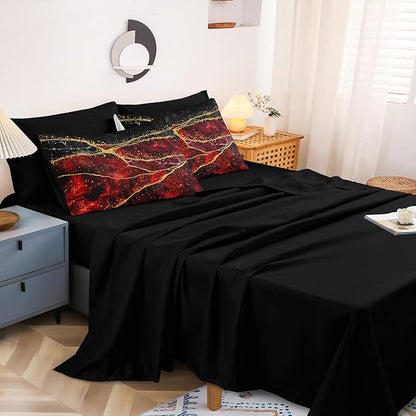 Gold Comforter Set 8 Pcs Red Bedding Set Full Size Bed in A Bag Red and Black Marble Stone Texture Abstract Room Decor