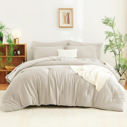 CozyLux Queen Comforter Set Beige - 7 Pieces Striped Seersucker Bed in a Bag, Soft Lightweight Boho Bedding Set with All Season Comforters Queen Size, Sheets, Pillowcases & Shams