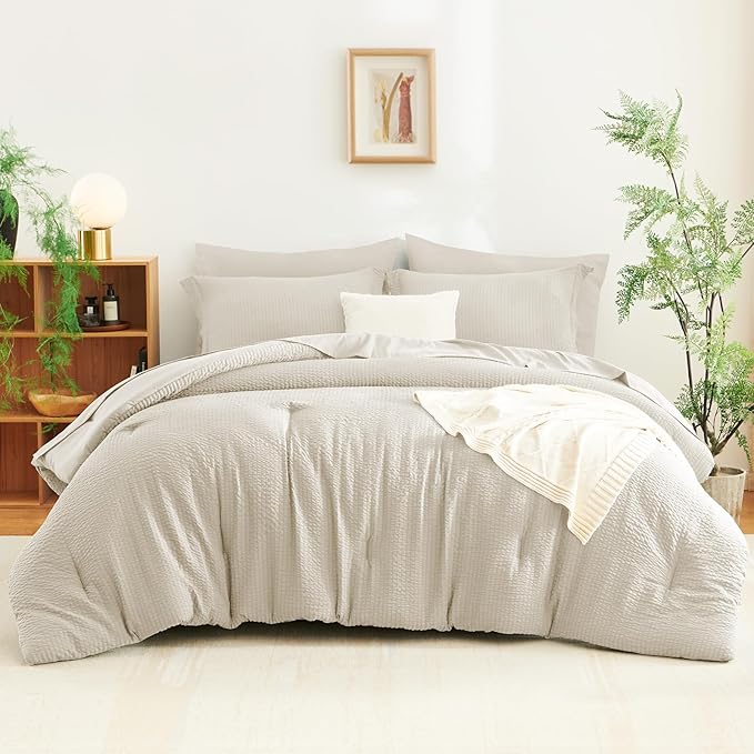CozyLux Twin XL Comforter Set Beige - 5 Pieces Striped Seersucker Twin Extra Long Bed in a Bag for College Dorm, Soft Lightweight Boho Bedding Set with All Season Comforter, Sheets, Pillowcase & Sham