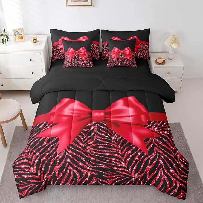 Feelyou Red Bowknot 7 Piece Bedding Set King Size Glitter Print Comforter Set with Sheets for Kids Girls Adult Cute Bowknot Bed in a Bag Black Silver Bed Set