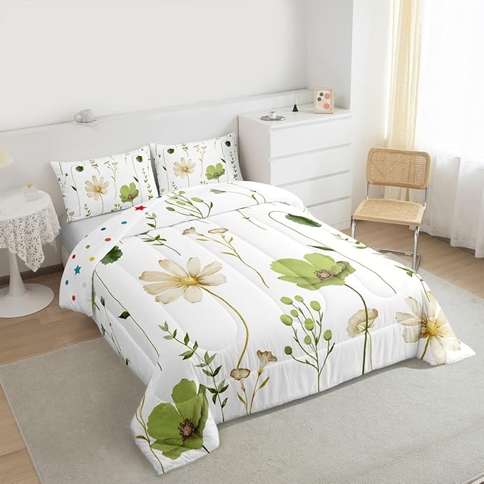 Erosebridal Watercolor Flower Comforter Set Twin, Olive Green Beige Floral Bedding Set for Kids Teens Adult Women, Modern Minimalist White Quilt Branches Pastoral Duvet Insert with 1 Pillow Case