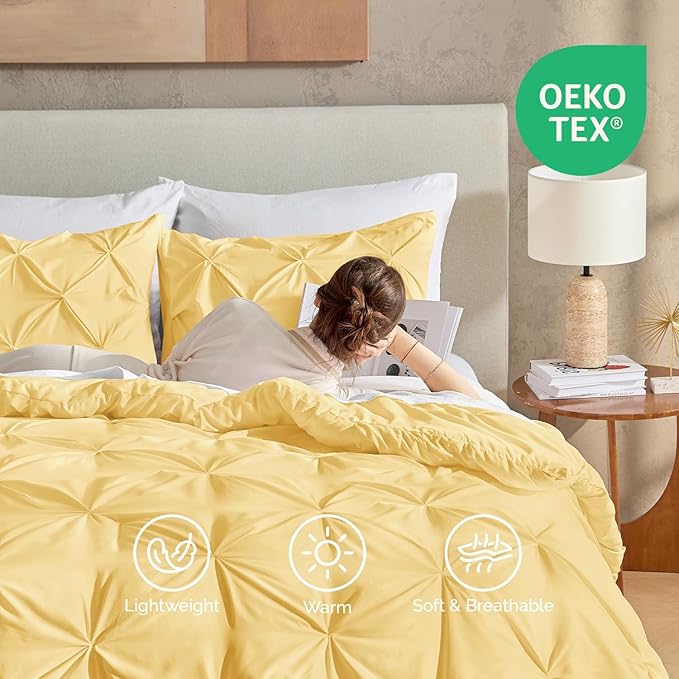 Andency Yellow Pinch Pleat Comforter Full(79x90Inch), 3 Pieces Pintuck Comforter Comforter Set, Microfiber Down Alternative Bed All Season Bedding Set