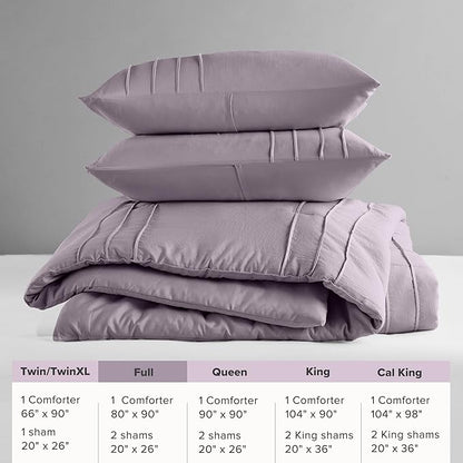 Comfort Spaces Purple Full Size Comforter Set - 3 Pieces Pintuck Pleated Bedding Sets, All Season Lightweight, Extra Softness Pre-Washed Microfiber Full Bed Set, Shams, Full